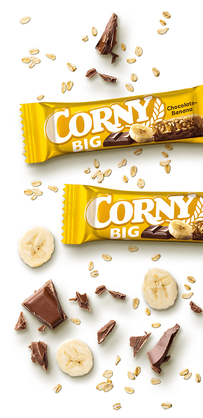 Detalle de barra de cereales y chocolate y plátano Corny