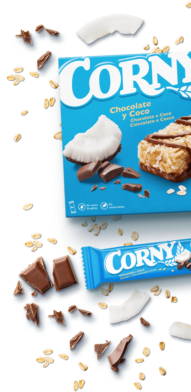 Detalle de barritas de cereales, coco y chocolate con leche Corny