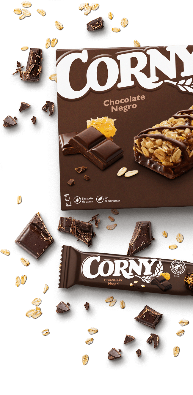 Detalle de barritas de cereales chocolate negro Corny