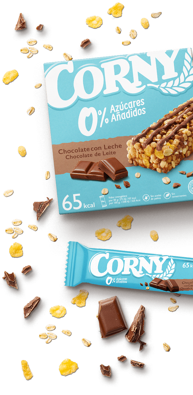 Detalle de barritas saludables sin azúcares añadidos con chocolate Corny