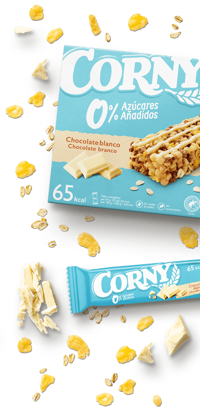 Detalle de barritas de cereales sin azúcar añadido y chocolate blanco